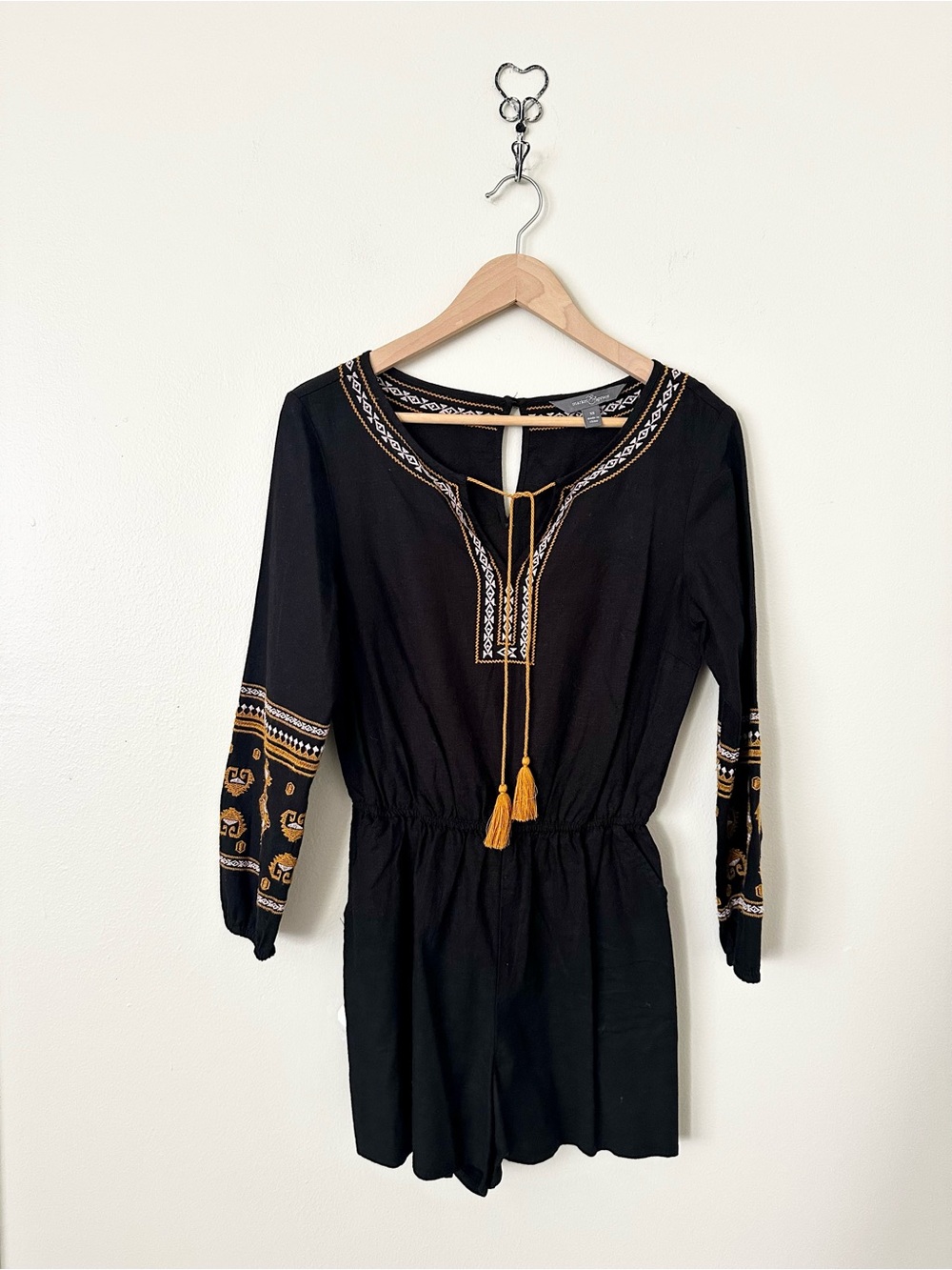 | market & spruce • black embroidered tassel romper • xs |